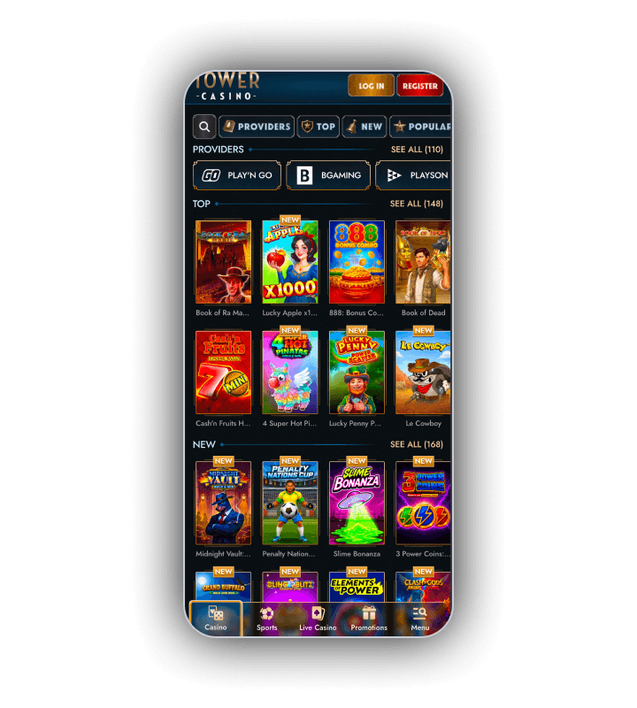 TowerCasino games lobby with category navigation for slots and table games