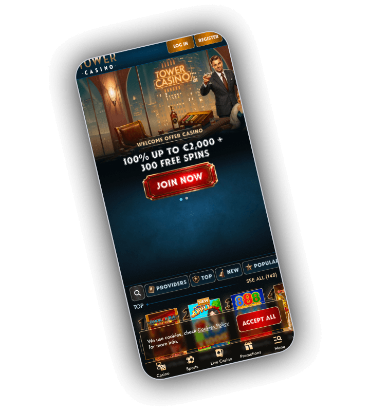 TowerCasino lobby displaying its casino welcome package and game categories